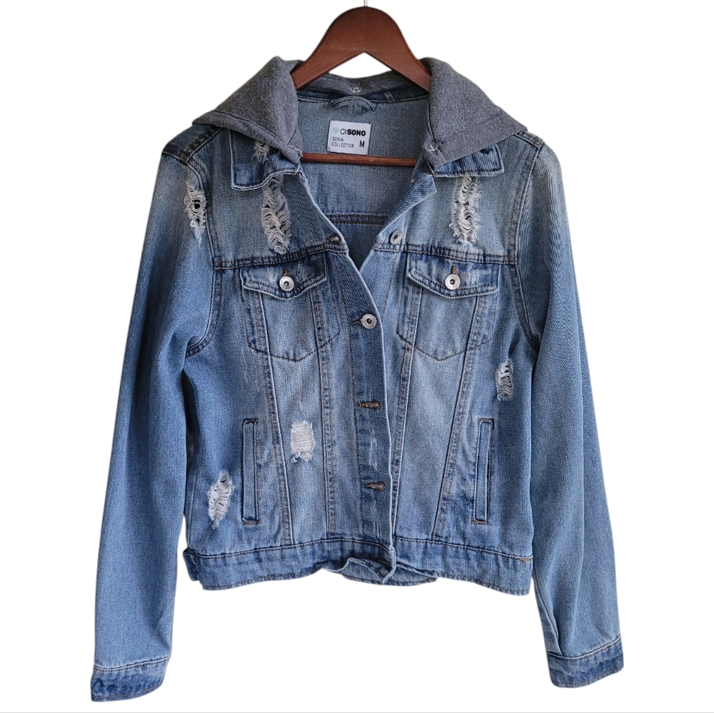 Cisono Hooded Distressed Denim Jean Jacket Blue Womens Medium Classic Casual
